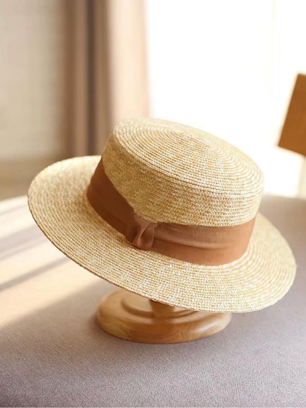 Straw Boater Hat with Brown Ribbon - Women